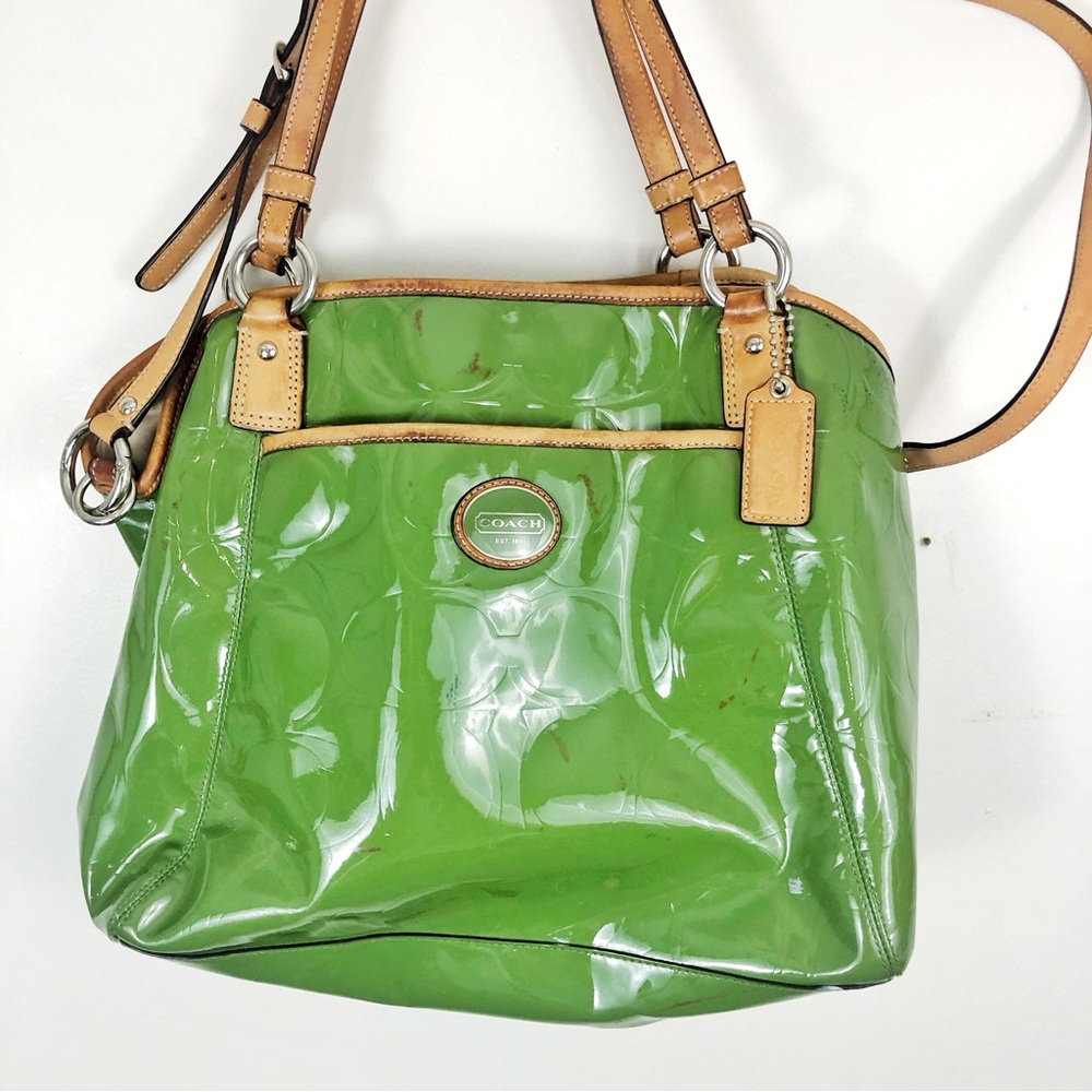 Coach Bright Olive Green Patent Leather Peyton Embossed Logo Tote Bag